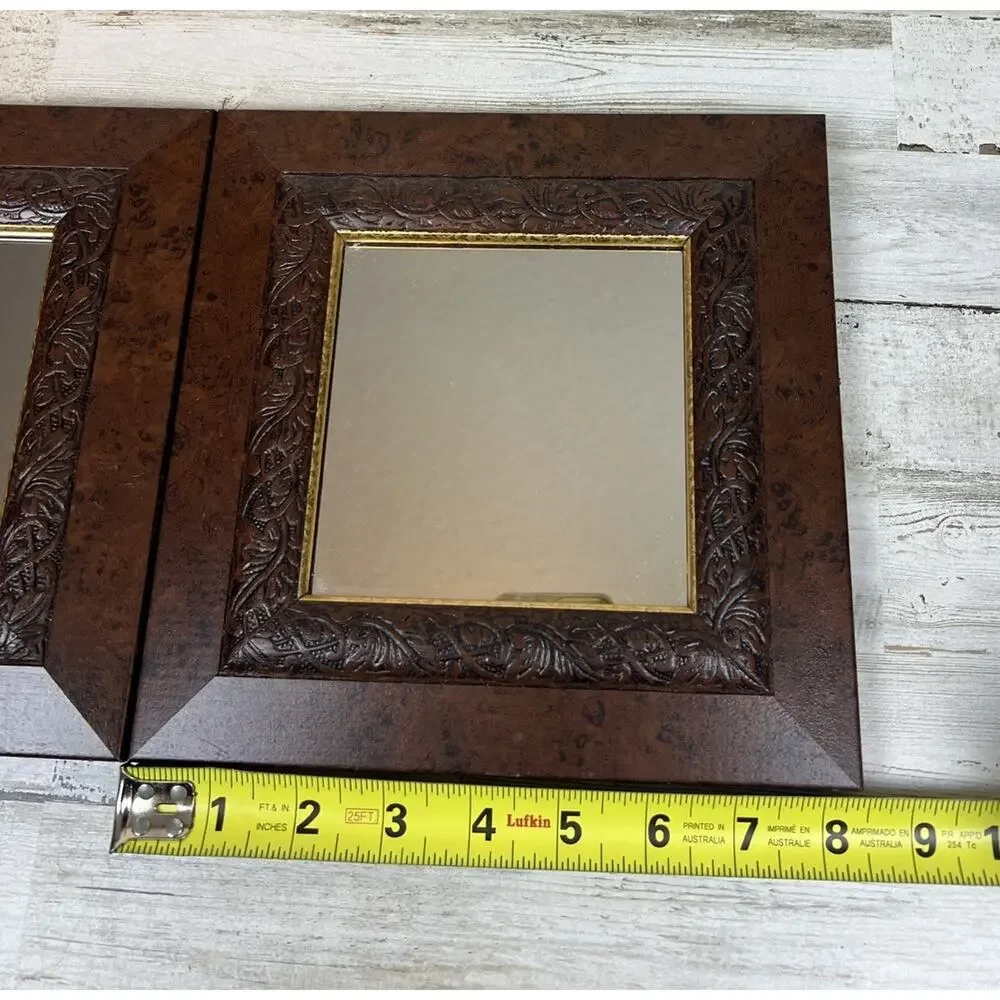 Vintage Home Interiors Square Mirrors Wood Embossed Gold Trim Wall Hanging 2 Way